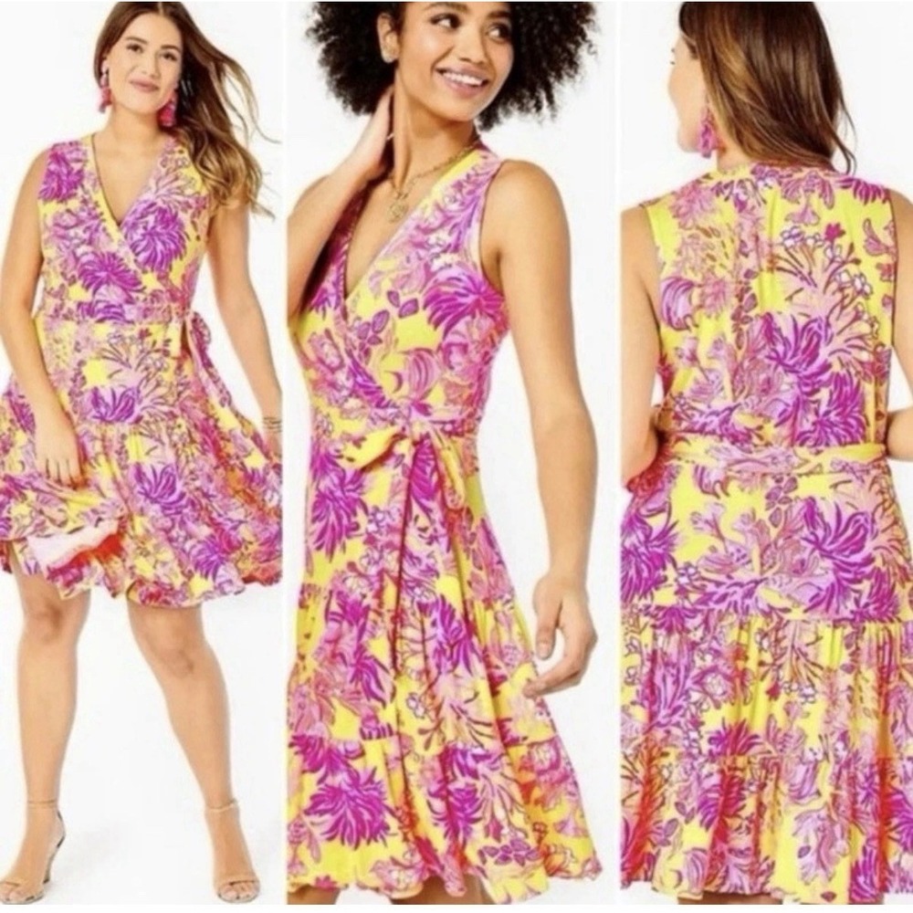 Lilly Pulitzer Folly Floral Wrap Dress Calla Yellow Floral Tiered Pink Sz Medium